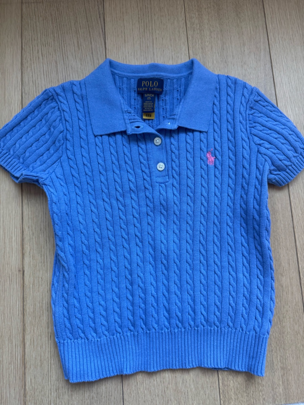 Polo by Ralph Lauren Blue Cable-Knit Polo with Pink Pony